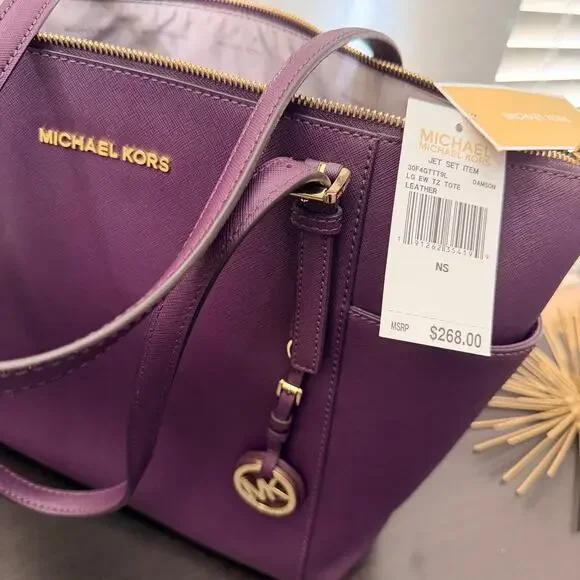 Michael Kors Jet Set Leather Tote Purple Saffiano Large Top Zip Handbag - Picture 5 of 7